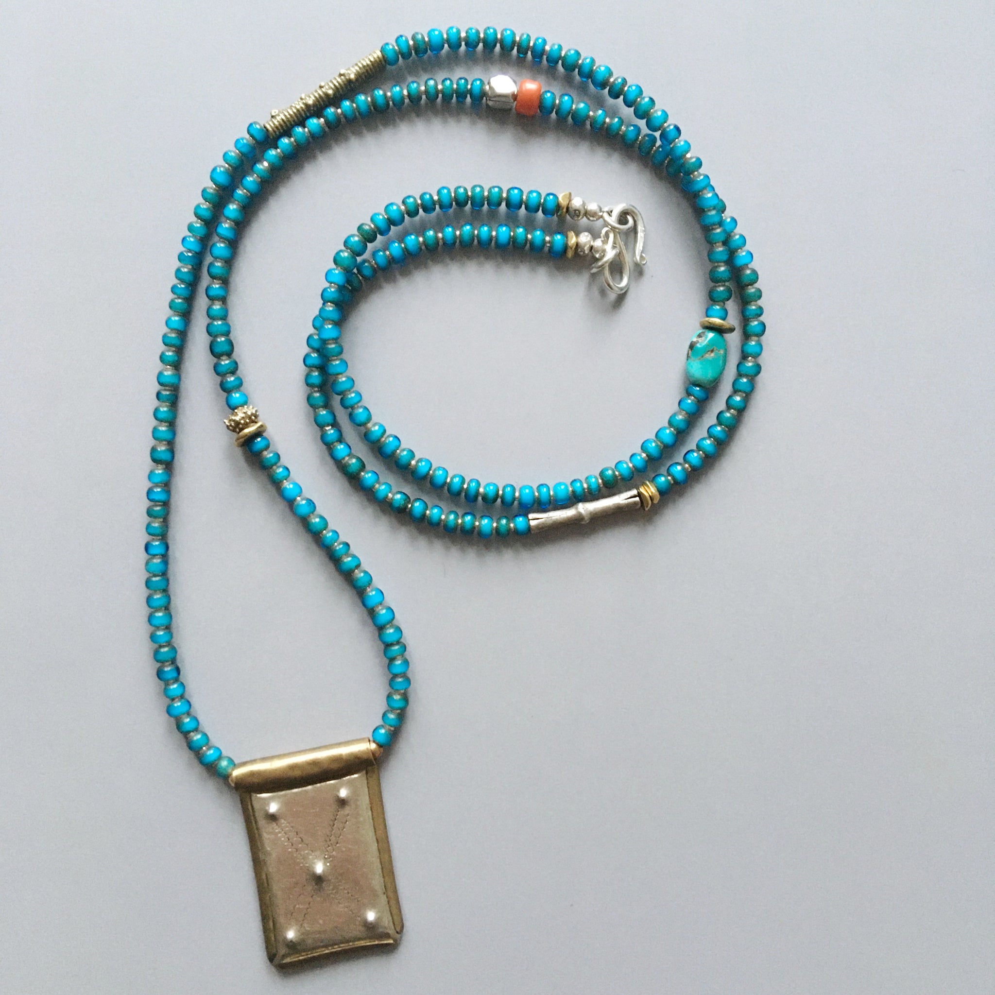 Long Blue White Heart and Tuareg Amulet Necklace