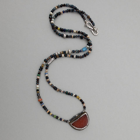 Long African Glass Necklace and Carnelian Pendant