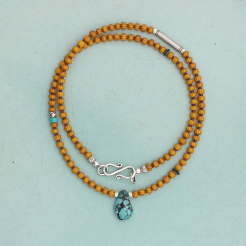 Orange Venetian Glass and Turquoise Drop Pendant Necklace