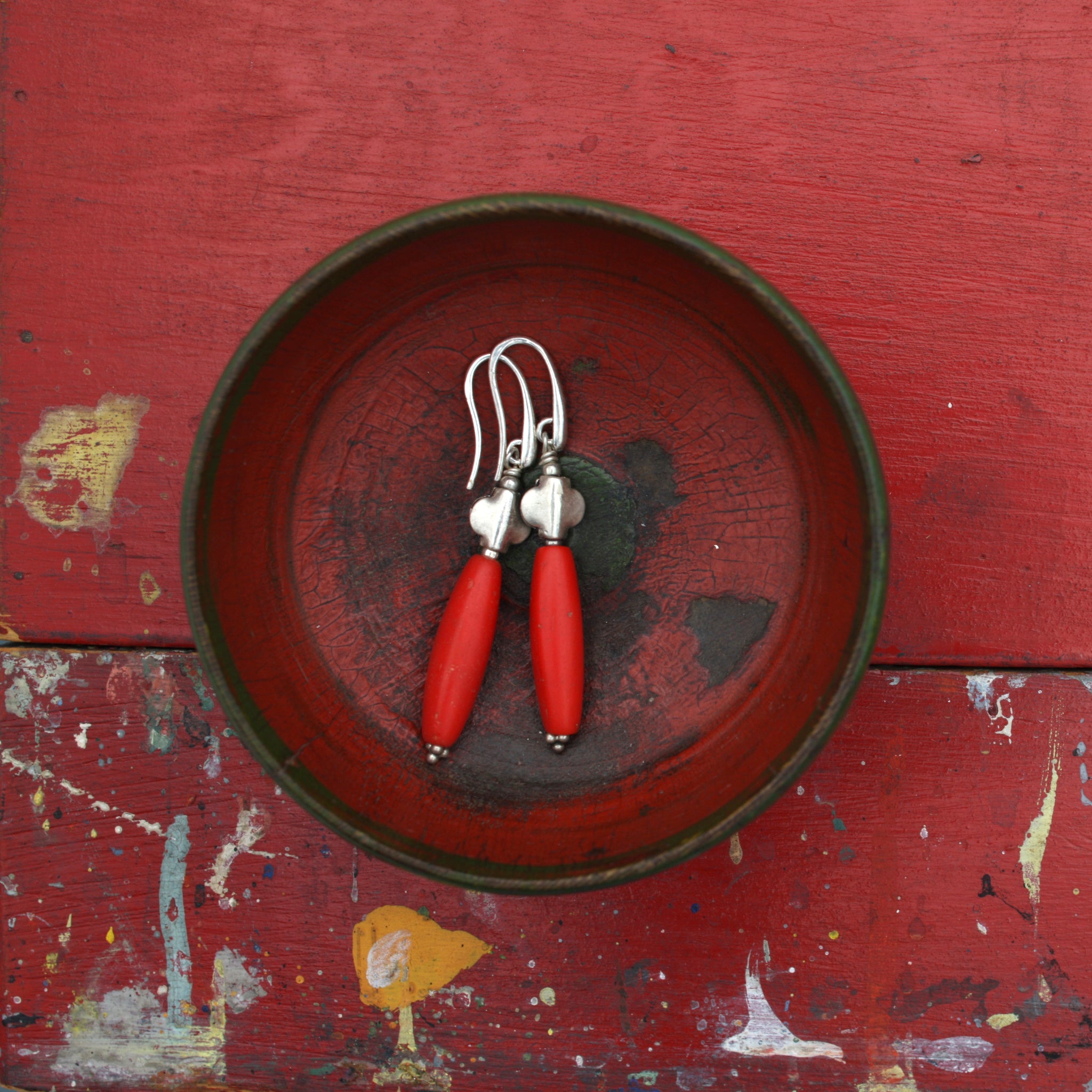 Red Bohemian Glas and Silver Earrings