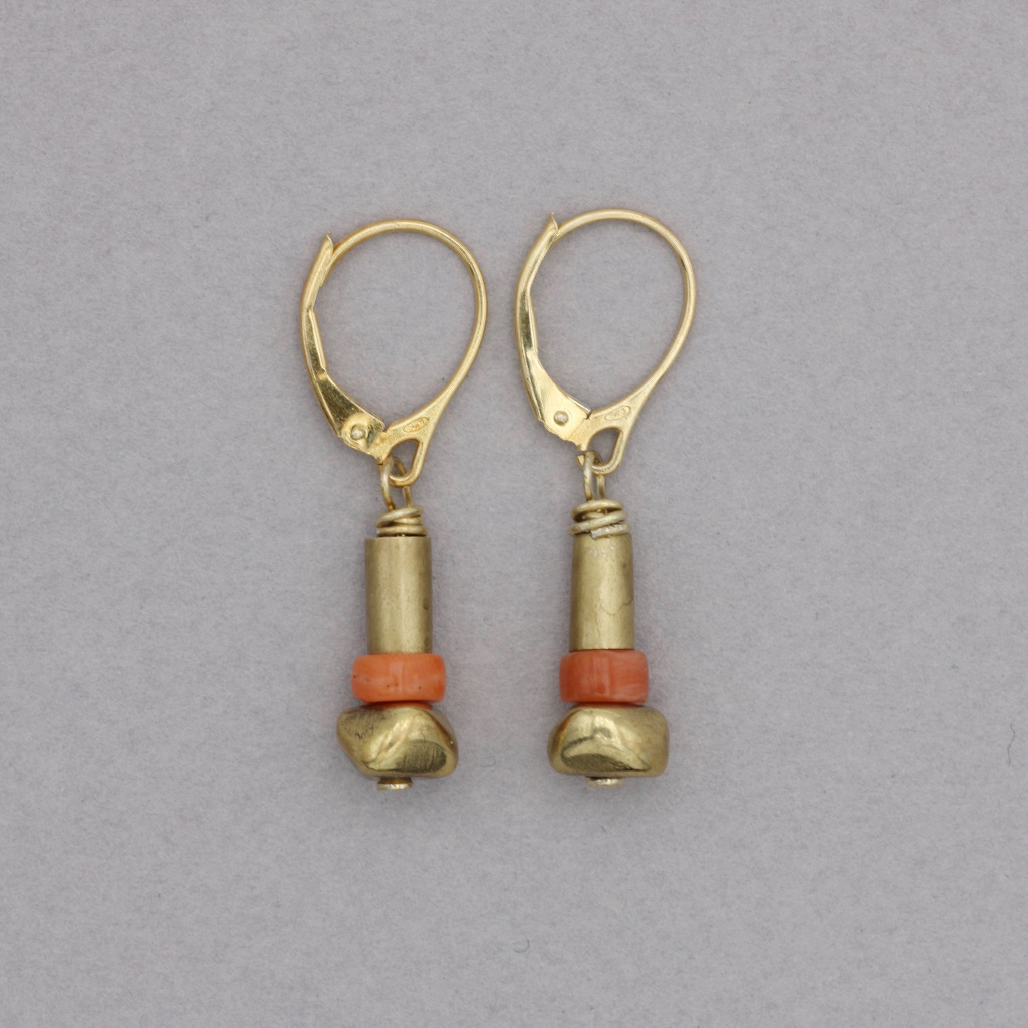 Coral and Brass Nugget Earrings