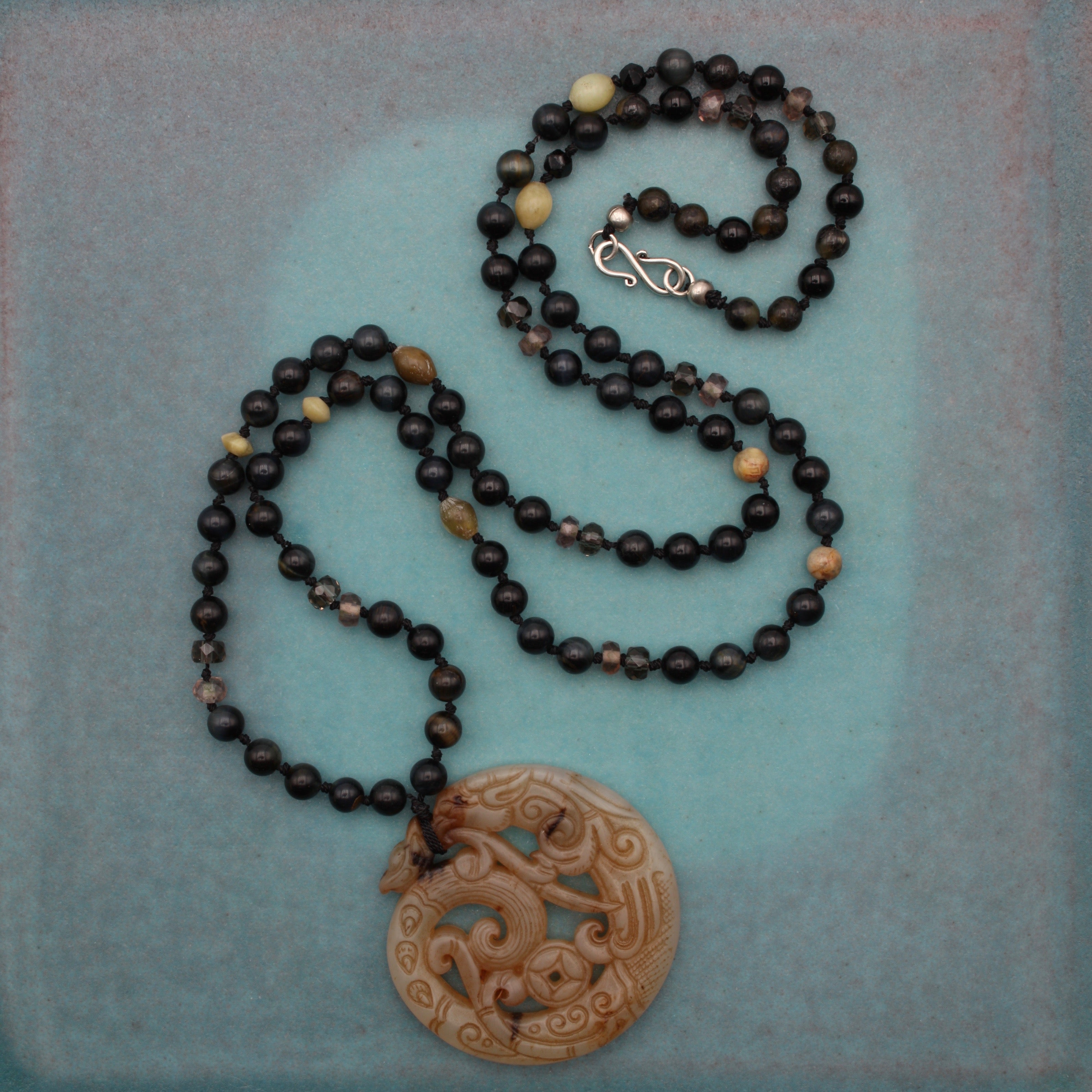 Long Mala Necklace with Chinese Jade Dragon Pendant