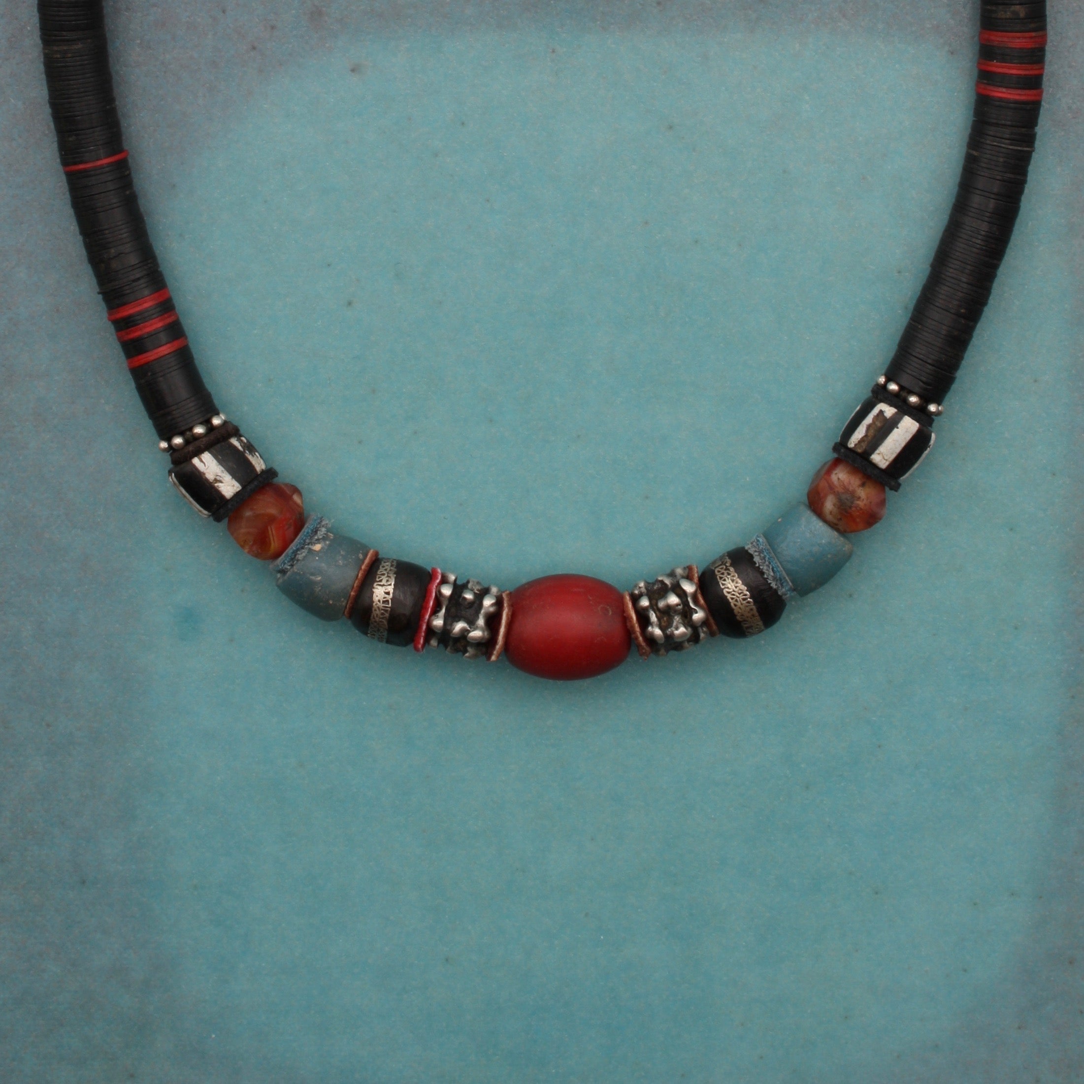 Black Vinyl and Trade Glass Necklace