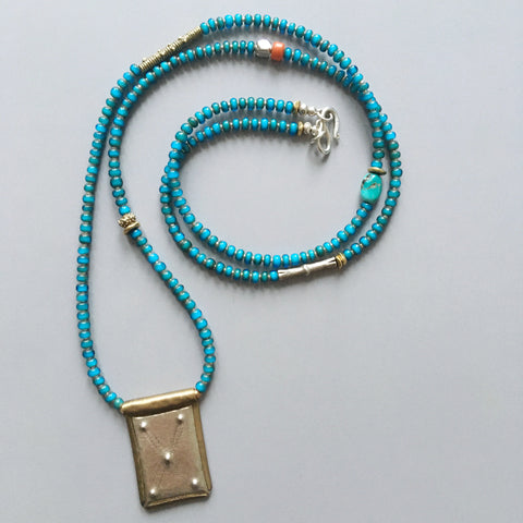 Long Blue White Heart and Tuareg Amulet Necklace